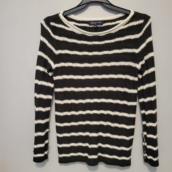 Jones New York Womens Sweater  Black White Striped  Cotton  Size Large - Picture 1 of 3